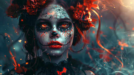 Hispanic woman with traditional sugar skull face paint and floral headpiece. Concept of Dia de los...