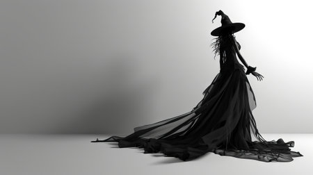 Mystical silhouette of a witch in a black dress and hat in a dark-room atmosphere. Concept of Halloween, enchantment, fantasy, female witch. Copy space.の写真素材