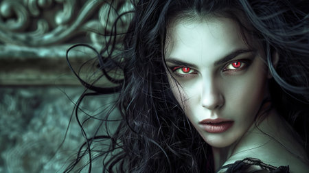 Pale woman vampire with glowing red eyes and long black hair. Concept of female supernatural...