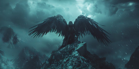 Dark winged figure on a rocky mountain with stormy skies. Concept of fantasy art, dark fantasy, angelic figure, mythical creature, Halloween.の写真素材