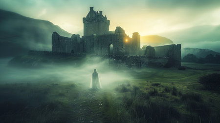 Mysterious Castle Ruin at Sunrise with Person in a Cloak in Fog. Haunted House with the ghosts. Concept of fantasy, historical architecture, misty morning, solitude. Halloween.の写真素材
