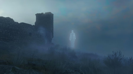 Ethereal holographic figure near ancient ruins in foggy landscape at dusk or dawn. Haunted House...