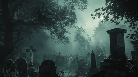 Gloomy foggy cemetery with gravestones at dusk. Concept of haunted graveyard, eerie atmosphere, spooky setting, dark forest, Halloween, Day of the Dead.の写真素材
