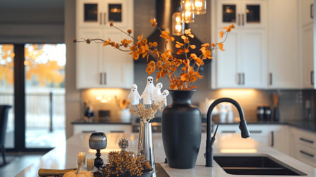 Modern kitchen countertop with stylish Halloween decorations. Concept of fall decor, seasonal festivities, interior decoration.の写真素材