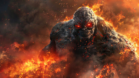 Fiery demonic creature with glowing eyes in a blaze. Concept of fantasy monster, fire, horror,...
