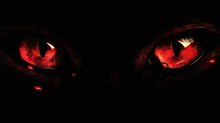 Fierce red-eyed monster s gaze in the dark. Red eyes of a demon in the dark. Concept of horror, evil, intimidation, fear. Halloween.の写真素材