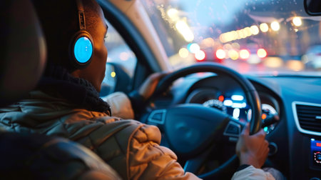 African American man driving a car with headphones at night. Concept of male driver, night driving,...