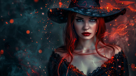 Gothic woman with fiery red hair and witch hat. Concept of fantasy sorceress, beautiful enchantress,...