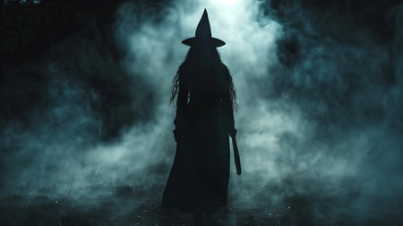 Silhouette of a woman wearing a witch hat in a misty forest. Concept of Halloween, dark magic, mystery, supernatural.の写真素材