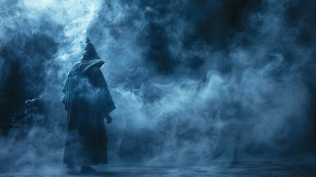 Hooded figure shrouded in blue smoke in a dark setting. Concept of mystery, fantasy, supernatural, enigma, dark fantasy, Halloween.の写真素材