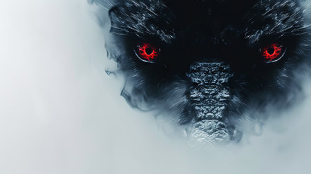 Fiery red-eyed gaze of a werewolf monster in the mist. Intense and eerie look, perfect for Halloween themes. Concept of horror, mythical creatures, and fear.の写真素材