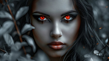 Female vampire with glowing eyes and a piercing stare. Mysterious expression in a dimly lit environment. Concept of Halloween, witch, supernatural, and dark fantasy.の写真素材