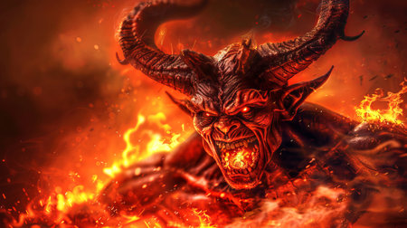 Fierce demon with horns engulfed in flames. Concept of hellfire, supernatural being, mythology,...
