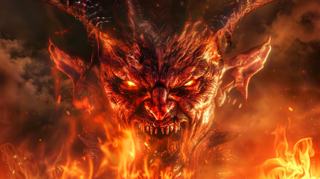 Fierce demon with horns engulfed in flames. Concept of hellfire, supernatural being, mythology, fantasy creature, Halloween.の写真素材