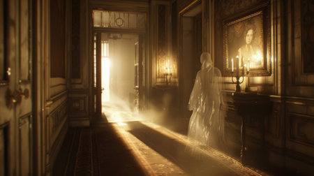 Ethereal ghost figure in a long hallway with wooden floors and golden lighting. Concept of ghostly...