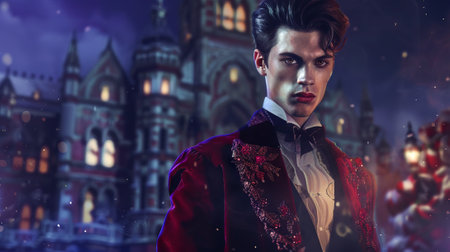 Young man in an ornate vampire costume standing in front of a gothic mansion at night. Dark and...