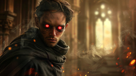 Vampire with glowing red eyes in a dark cloak inside a gothic cathedral. Concept of supernatural...