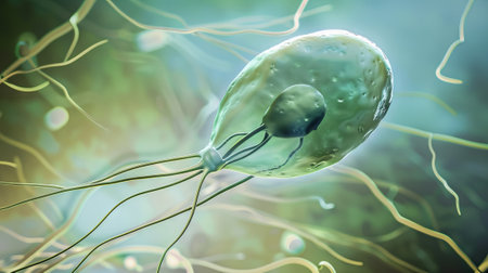 Giardia lamblia under a microscope. Protozoan parasite with multiple flagella. Parasitic infection,...