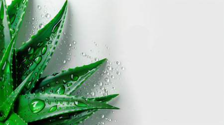 Fresh aloe vera plant with water droplets on a white background. Concept of natural skincare, health, wellness.の写真素材