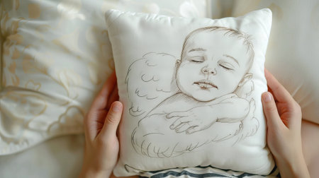 Illustration on a pillow, depicting a peacefully sleeping child, held by a mother s hands, symbolizing motherhood and family love.の写真素材