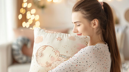 Illustration on a pillow, depicting a peacefully sleeping child, held by a mother s hands, symbolizing motherhood and family love. Cute baby print.の写真素材
