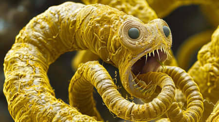 Microscopic view of bull tapeworm with a visible mouth. Parasitic worm with sharp teeth....