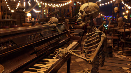 Skeleton playing piano in a festive setting at the bar. Concept of Halloween, music, festive decoration, celebration.の写真素材