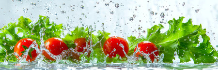 Fresh cherry tomatoes splashing in water with lettuce leaves. Healthy food, vegetable, freshness, salad concept. Banner. Copy space.の写真素材