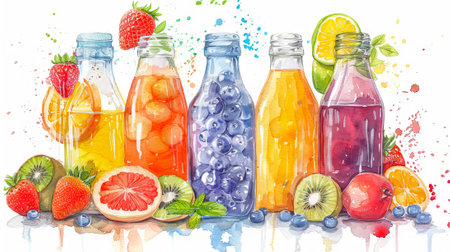 Colorful watercolor bottles with fruits and herbs. Beverage illustration. Watercolour art, drink variety, food and drink concept. Fruit juices in glass bottles. Isolated on white background.の写真素材