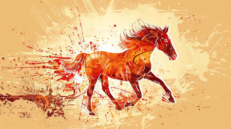 Art of a galloping horse with abstract splashes on a beige background. Concept of animal illustration, equestrian, freedom, artistic design.の写真素材