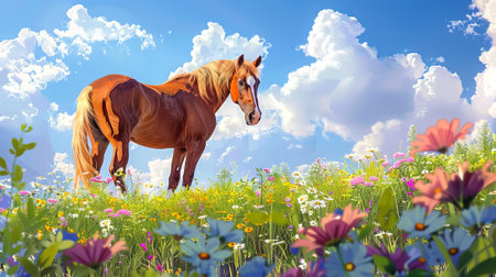 Brown horse in a vibrant meadow on a sunny day. Concept of nature, outdoor scenery, peaceful countryside, and equestrian beauty.の写真素材