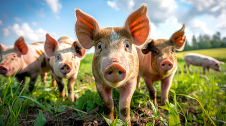 Adorable pigs. Cute piglets in a green grassy field under a blue sky with white clouds. Concept of livestock, farm animals, agriculture, rural life.の写真素材