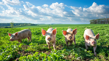 Adorable pigs. Cute piglets in a green grassy field under a blue sky with white clouds. Concept of livestock, farm animals, agriculture, rural life.の写真素材