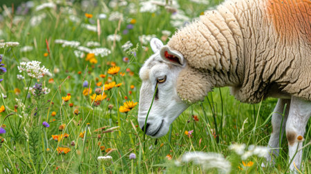 Close-up of a sheep grazing in a lush green meadow with wildflowers in bloom. Concept of nature,...