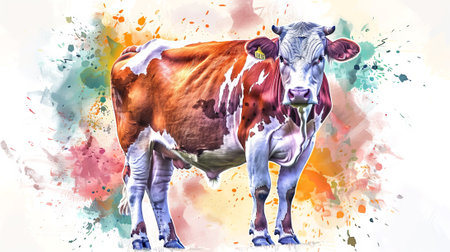 Watercolor illustration of a colorful cow with splashes. Concept of farm animals, vibrant art, nature, rural life, abstract design.の写真素材