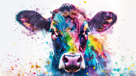 Watercolor painting of a cow with colorful splashes. Concept of farm animal, creative art, abstract design, nature illustration.の写真素材