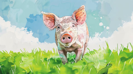 Watercolor art of a cute pig in a grassy field. Farm animal illustration. Concept of nature, animals, countryside life, abstract design.の写真素材