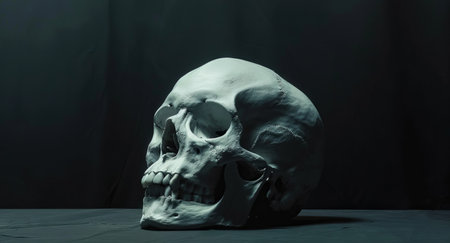 Human skull on a dark textured background. Concept of mortality, human anatomy, medical study,...