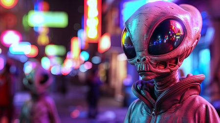 Futuristic Alien Beings in a Neon-Lit Urban Environment. Concept of science fiction,...