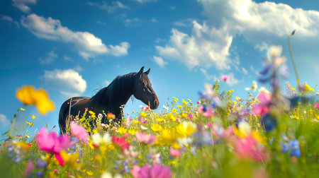 Black horse standing on a vibrant meadow filled with colorful flowers under a blue sky with clouds. Concept of nature, beauty, wildlife, countryside scenery.の写真素材