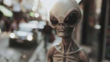 Extraterrestrial beings in a bustling city street with sunlight in the background. Concept of...