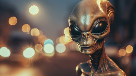 Alien figure with an eerie glow against a blurred urban night background. Intriguing extraterrestrial lifeform concept, sci-fi, mysterious, otherworldly.の写真素材