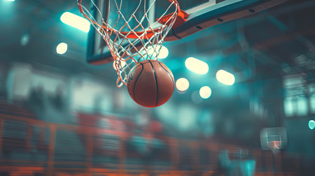 Basketball approaching hoop in an indoor court. Concept of sport, basketball game, athletic...