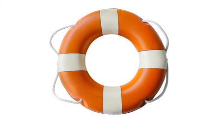 Orange and white lifebuoy ring on a white background. Concept of safety, rescue, boating, and...