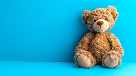 Cute brown toy bear against a bright blue background. Concept of childhood, comfort, playful design, innocence. Copy space.の写真素材