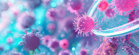 Colorful microscopic view of bacteria and viruses in a petri dish. Concept of microbiology, medical...