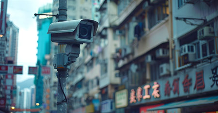 Security camera mounted on a pole in a busy city street. Surveillance camera monitoring urban area...