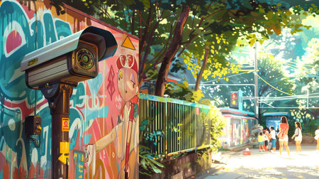 Surreal urban street with a surveillance camera and vibrant graffiti art. Concept of city life,...