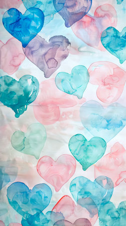 Watercolor abstract background with heart shapes in vibrant colors. Concept of love, romance, artistic design, aquarelle art. Greeting card, postcard, banner. Abstract wallpaper. Vertical.の写真素材