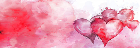 Watercolor illustration of red hearts with abstract splashes in the background. Concept of love, romance, valentines, heart painting. Greeting card, postcard, banner. Abstract wallpaper.の写真素材